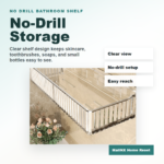 Clear no-drill bathroom shelf holding sink and shower essentials
