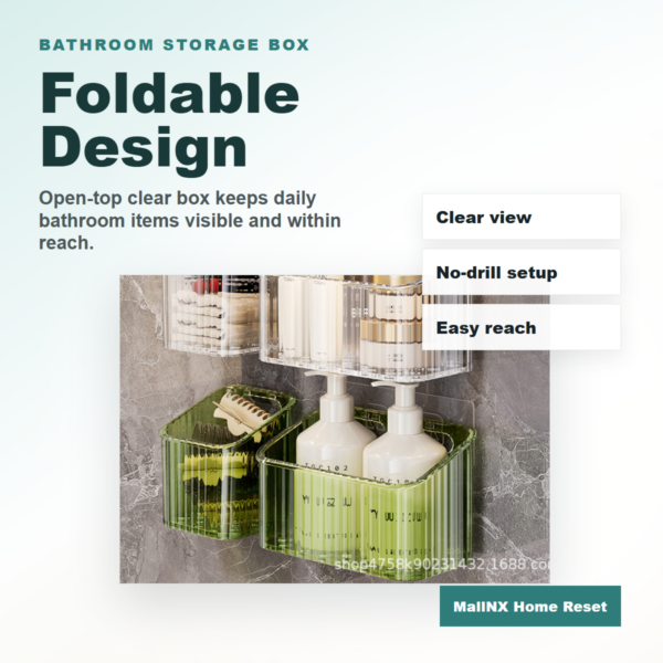 Wall-mounted clear bathroom storage box near a sink