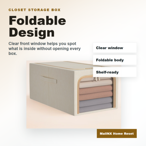 Foldable closet storage box with clear front window on a closet shelf
