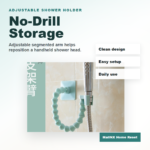Adjustable no-drill shower holder arm mounted on bathroom tile