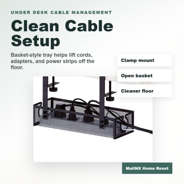 Under desk cable management basket holding a power strip