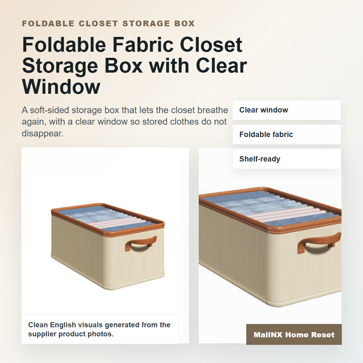 Foldable fabric closet storage box with clear window