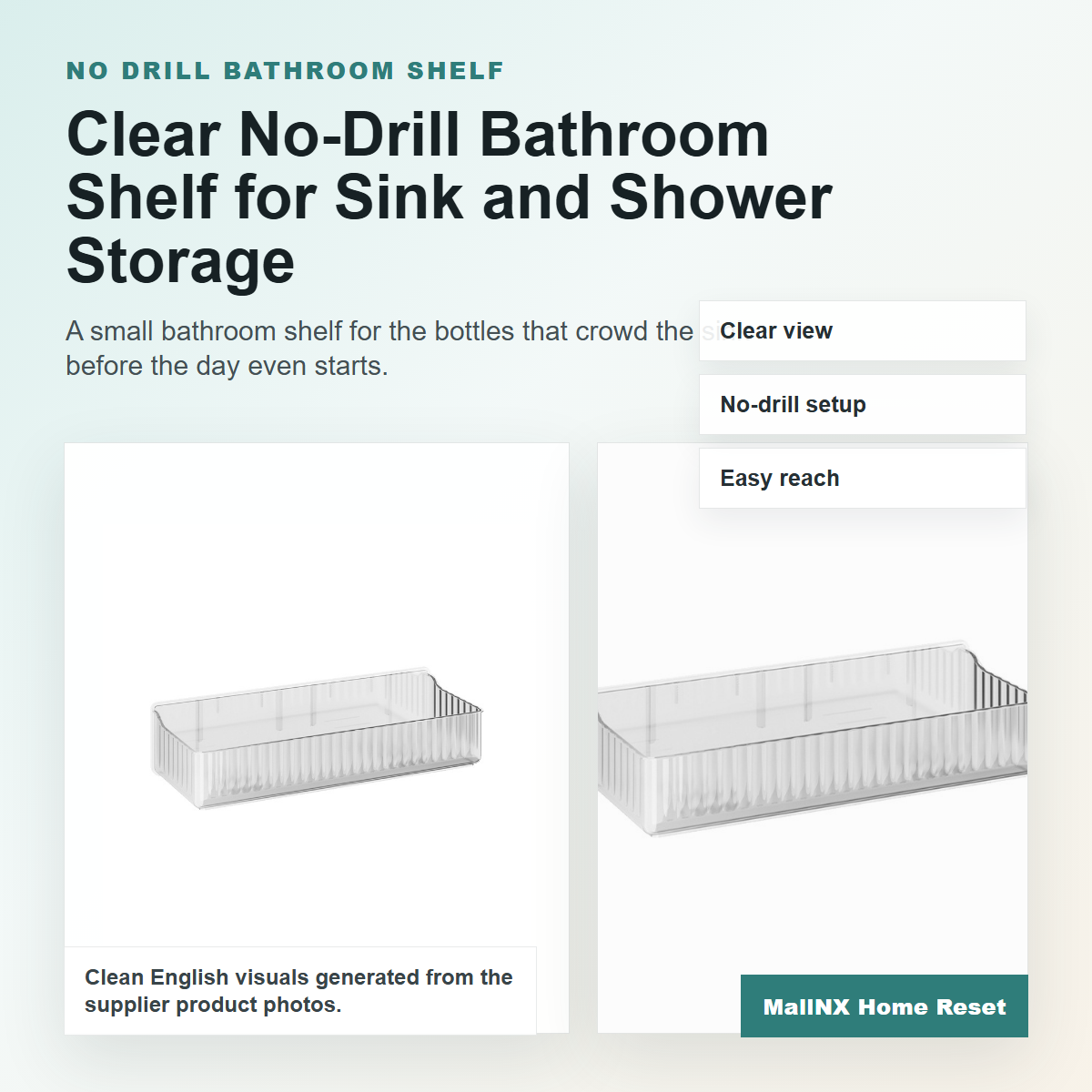 Clear no-drill bathroom shelf holding sink and shower essentials