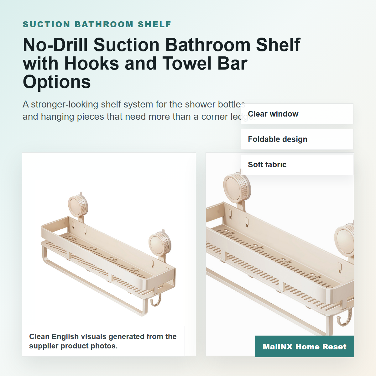 No-drill suction bathroom shelf with hooks in a shower