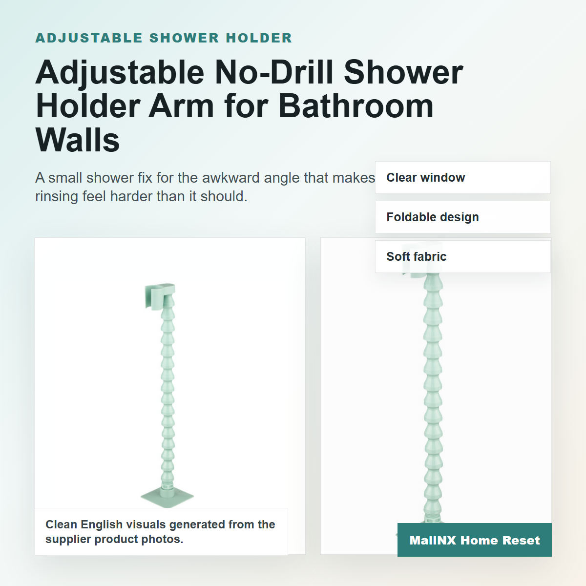 Adjustable no-drill shower holder arm mounted on bathroom tile